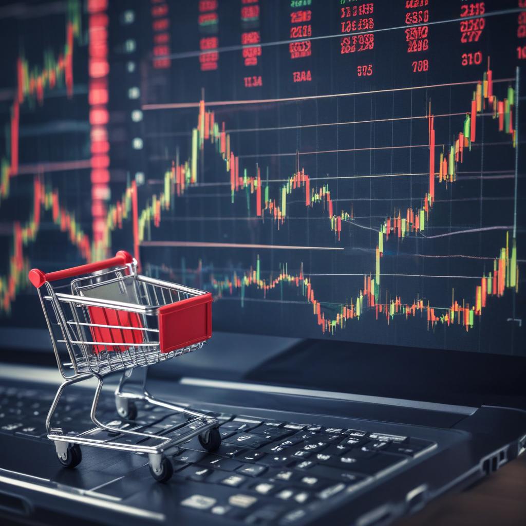 Bitcoin BTC coins in the shopping cart on the financial diagram.